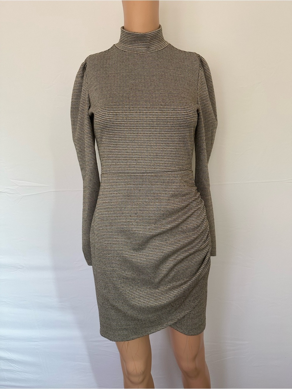 Forever 21 Taupe and Black Houndstooth Mock Neck Long Sleeve Dress